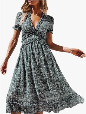 Delicate Ruffle V-Neck, Waist, and Hem Detail Green Floral Midi Dress